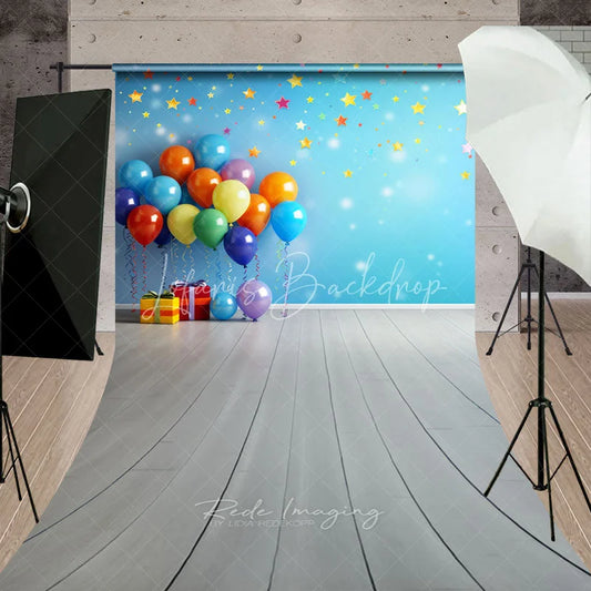 Lofaris Colorful Balloons and Stars Blue Wall Sweep Backdrop with Gift Boxes Wooden Floor for Birthday Party