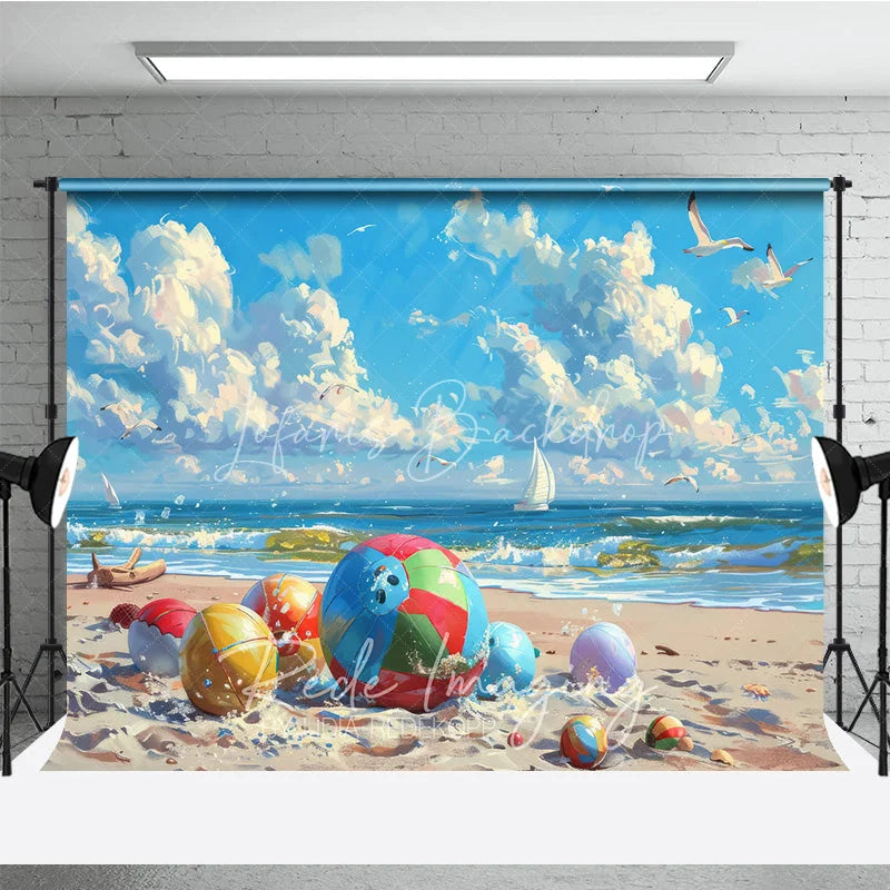 Lofaris Colorful Beach Balls Summer Photography Backdrop Ocean Waves Sailboats and Seagulls Background