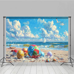 Lofaris Colorful Beach Balls Summer Photography Backdrop Ocean Waves Sailboats and Seagulls Background
