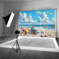 Lofaris Colorful Beach Balls Summer Photography Backdrop Ocean Waves Sailboats and Seagulls Background