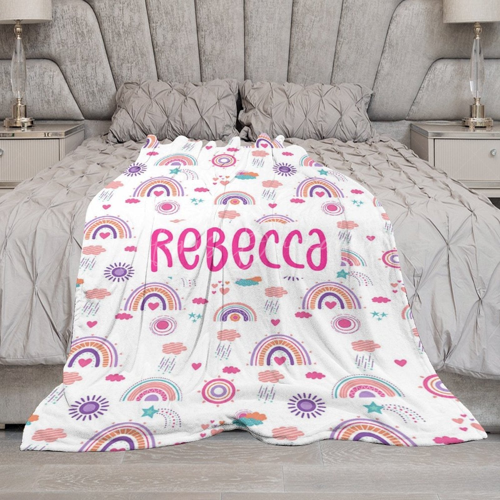 Lofaris Colorful Boho Rainbow Weather Custom Name Blanket