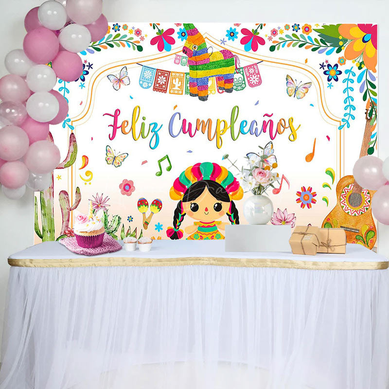 Lofaris Colorful Cactus Cute Girl Feliz Cumpleanos Backdrop