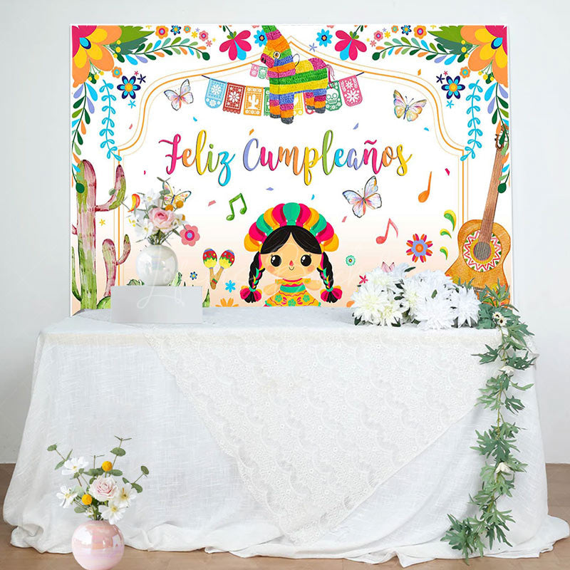 Lofaris Colorful Cactus Cute Girl Feliz Cumpleanos Backdrop