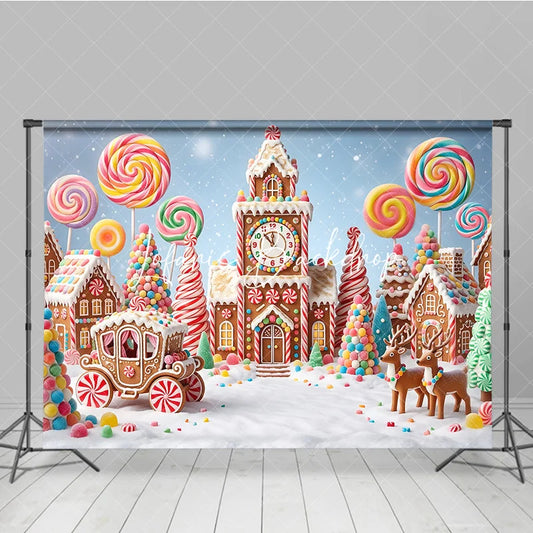 Lofaris Colorful Candy Land Gingerbread Village Photography Backdrop Sweet Lollipops and Reindeer for Christmas Winter Holiday