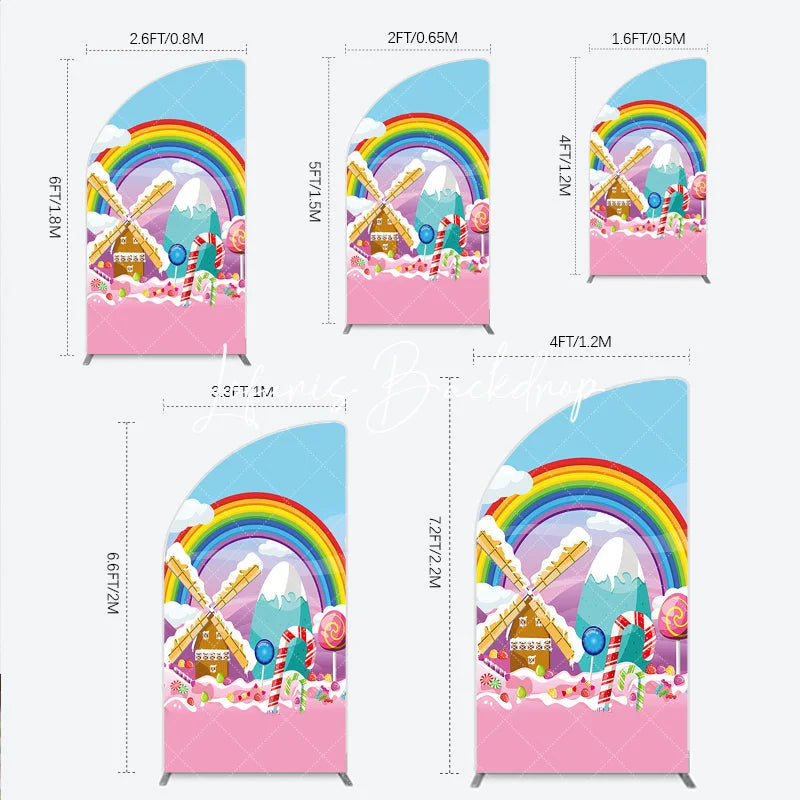 Lofaris Colorful Cartoon Candy Land Rainbow Windmill Half Moon Arch Backdrop Sweet Theme Birthday Party Decor