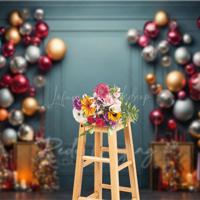 Lofaris Colorful Christmas Ornament Wall Photography Backdrop Elegant Teal Background Modern Holiday Party Photo Booth
