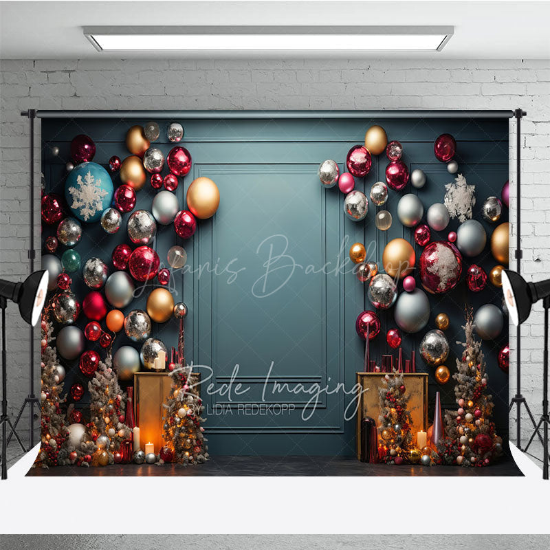 Lofaris Colorful Christmas Ornament Wall Photography Backdrop Elegant Teal Background Modern Holiday Party Photo Booth