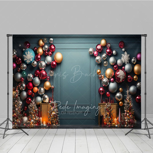 Lofaris Colorful Christmas Ornament Wall Photography Backdrop Elegant Teal Background Modern Holiday Party Photo Booth