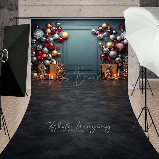 Lofaris Colorful Christmas Ornament Wall Sweep Backdrop Elegant Teal Background Modern Holiday Party Photo Floor Drop