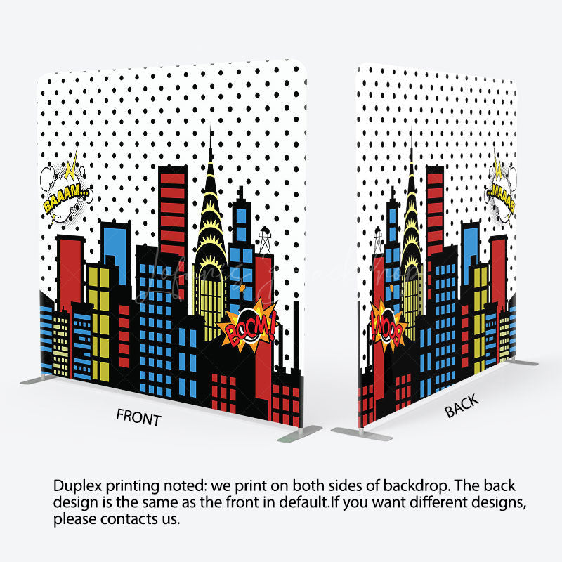 Lofaris Colorful City Buildings Party Square Tension Backdrop