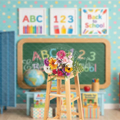 Lofaris Colorful Classroom Back to School Photography Backdrop ABC 123 Chalkboard Polka Dot Wall and Supplies for Kids