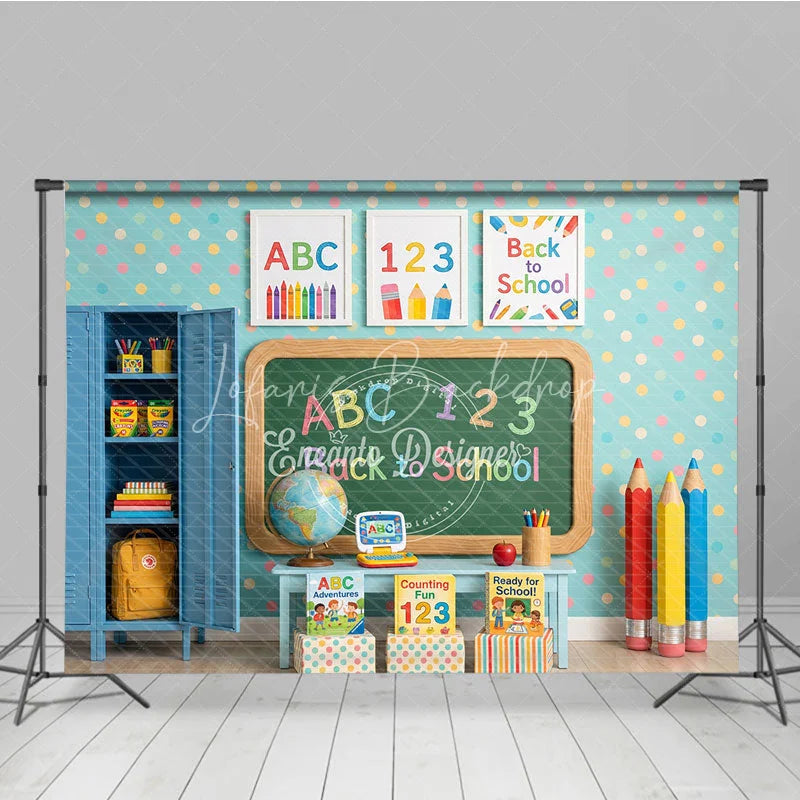 Lofaris Colorful Classroom Back to School Photography Backdrop ABC 123 Chalkboard Polka Dot Wall and Supplies for Kids