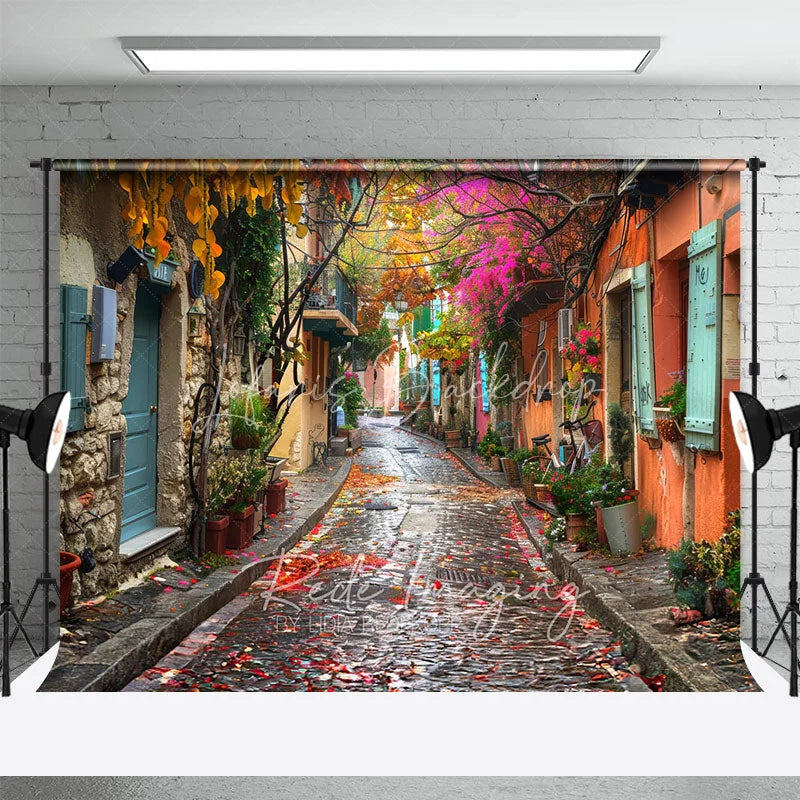 Lofaris Colorful Cobblestone Alley Backdrop European Street and Fallen Leaves Photography Background for Romantic Portrait