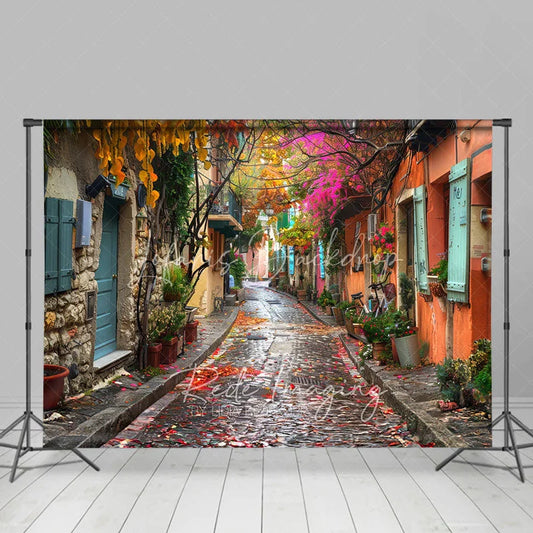 Lofaris Colorful Cobblestone Alley Backdrop European Street and Fallen Leaves Photography Background for Romantic Portrait