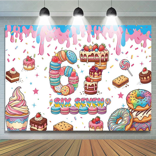 Lofaris Colorful Dessert Six Seven Birthday Backdrop with Macarons Cakes and Sprinkles for Sweet Celebration Party