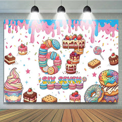 Lofaris Colorful Dessert Six Seven Birthday Backdrop with Macarons Cakes and Sprinkles for Sweet Celebration Party