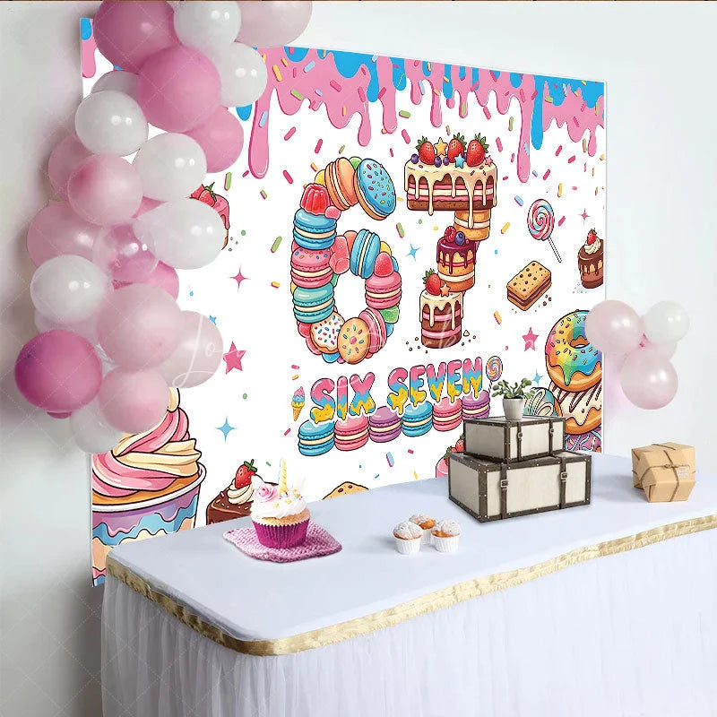 Lofaris Colorful Dessert Six Seven Birthday Backdrop with Macarons Cakes and Sprinkles for Sweet Celebration Party