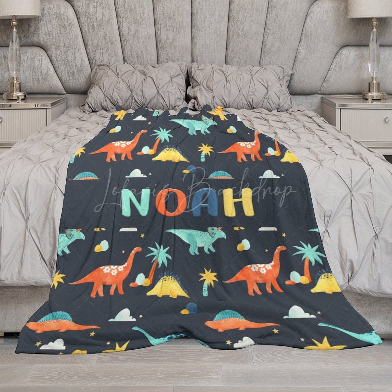 Lofaris Colorful Dinosaurs Navy Blue Custom Name Blanket