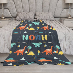 Lofaris Colorful Dinosaurs Navy Blue Custom Name Blanket