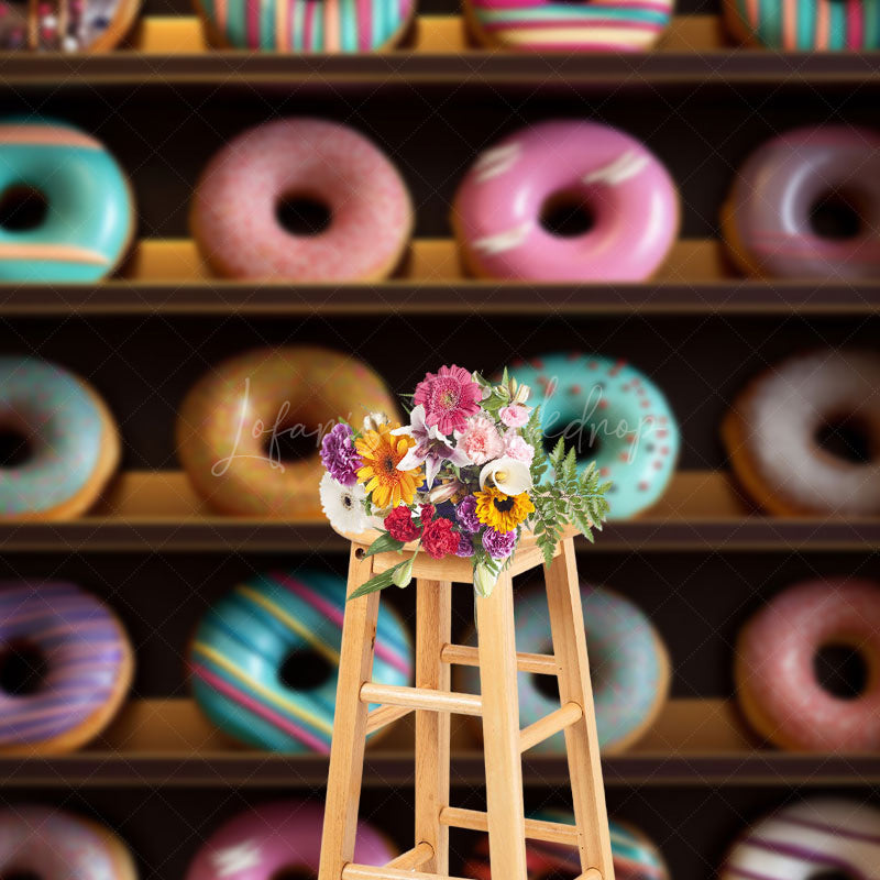Lofaris Colorful Donuts Shelf Store Cake Smash Photo Backdrop