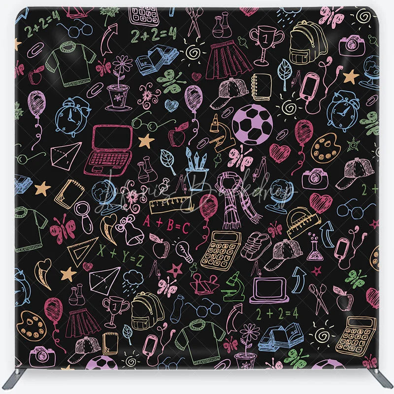 Lofaris Colorful Doodle School Supplies Square Double-Sided Backdrop Playful Learning Theme for Kids Photography