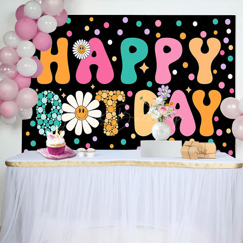 Lofaris Colorful Dots Floral Groovy Happy Birthday Backdrop
