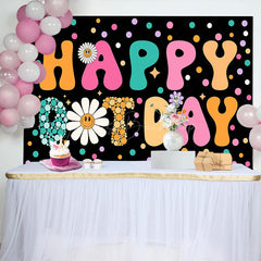 Lofaris Colorful Dots Floral Groovy Happy Birthday Backdrop