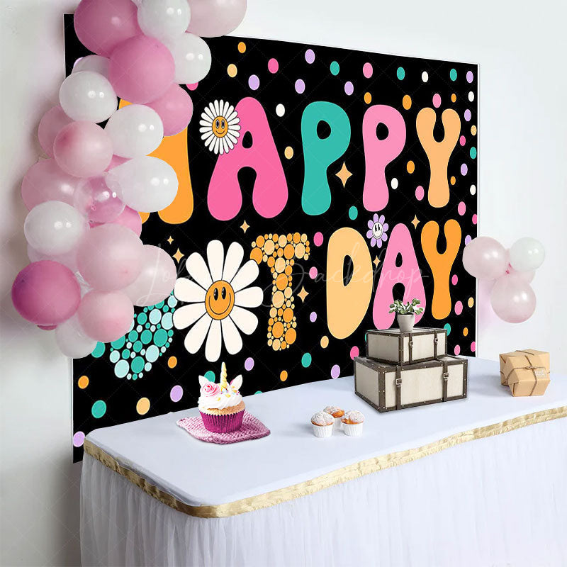 Lofaris Colorful Dots Floral Groovy Happy Birthday Backdrop