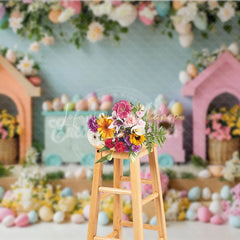 Lofaris Colorful Easter Train and Egg House Backdrop Spring Floral Garden Hanging Eggs for Kids Birthday