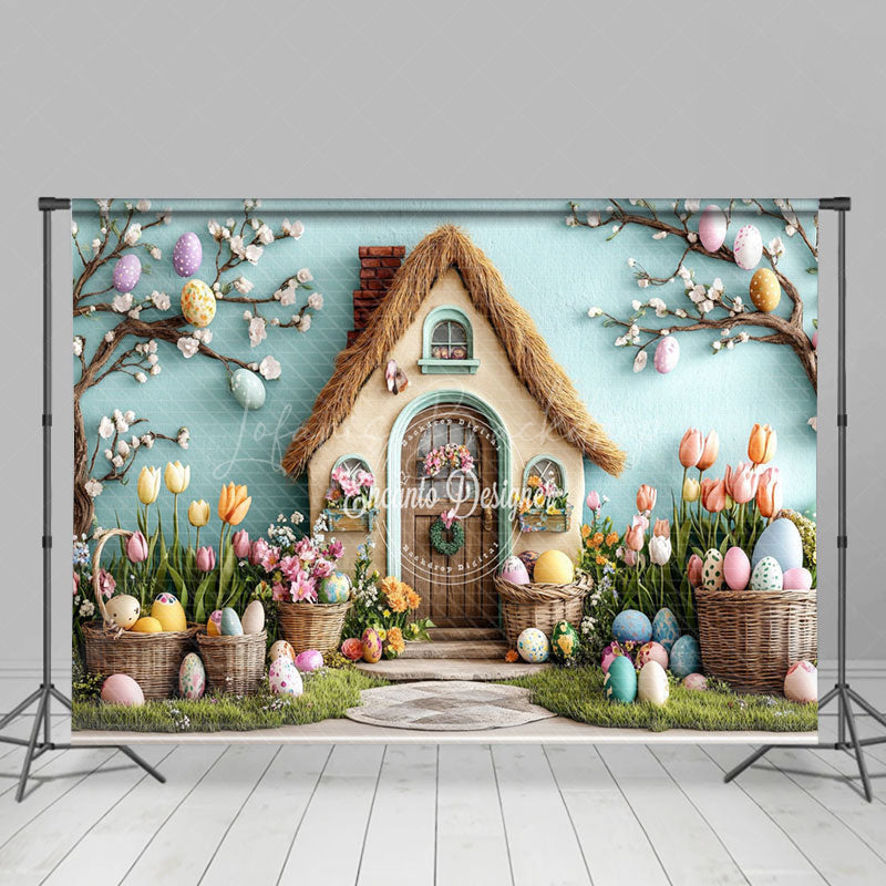 Lofaris Colorful Eggs Floral Bunny Hutch Easter Backdrop