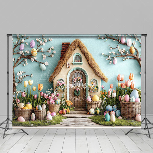 Lofaris Colorful Eggs Floral Bunny Hutch Easter Backdrop