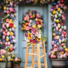 Lofaris Colorful Eggs Wreath Floral Blue Door Easter Backdrop