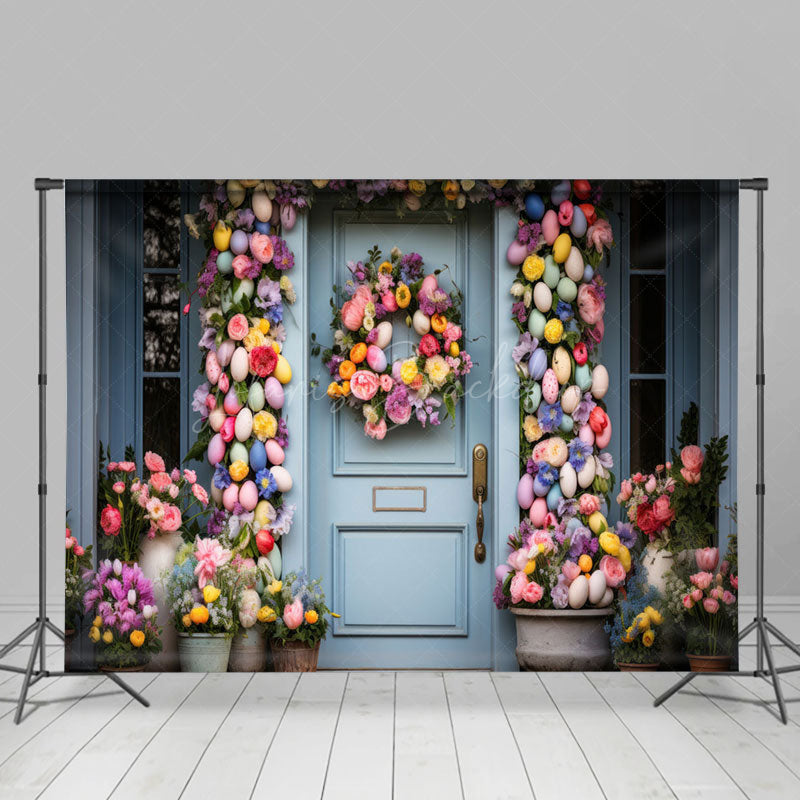 Lofaris Colorful Eggs Wreath Floral Blue Door Easter Backdrop
