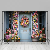 Lofaris Colorful Eggs Wreath Floral Blue Door Easter Backdrop