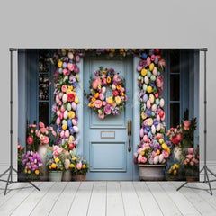 Lofaris Colorful Eggs Wreath Floral Blue Door Easter Backdrop