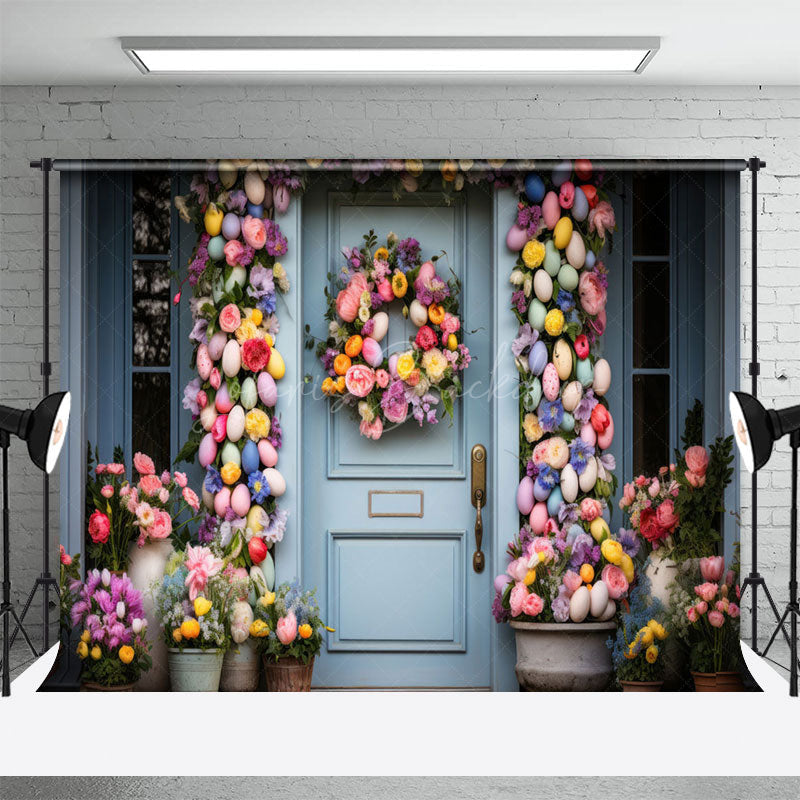 Lofaris Colorful Eggs Wreath Floral Blue Door Easter Backdrop