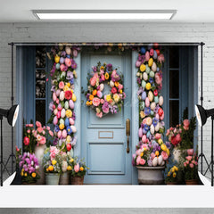 Lofaris Colorful Eggs Wreath Floral Blue Door Easter Backdrop