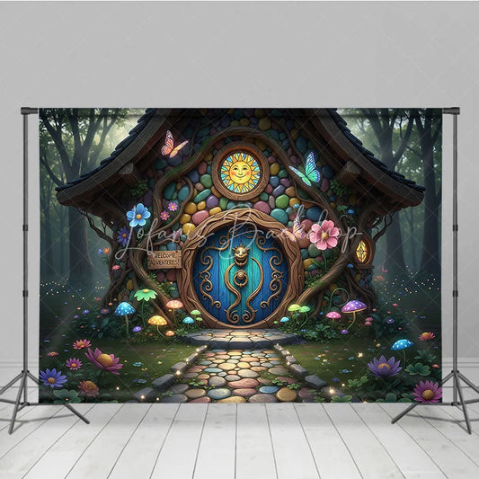 Lofaris Colorful Fairy Tale House Photography Backdrop with Enchanted Forest Whimsical Mushrooms and Glowing Flowers