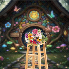 Lofaris Colorful Fairy Tale House Photography Backdrop with Enchanted Forest Whimsical Mushrooms and Glowing Flowers