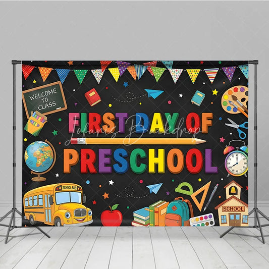 Lofaris Colorful First Day of Preschool Holiday Backdrop with School Bus and Books Welcome to Class Celebration