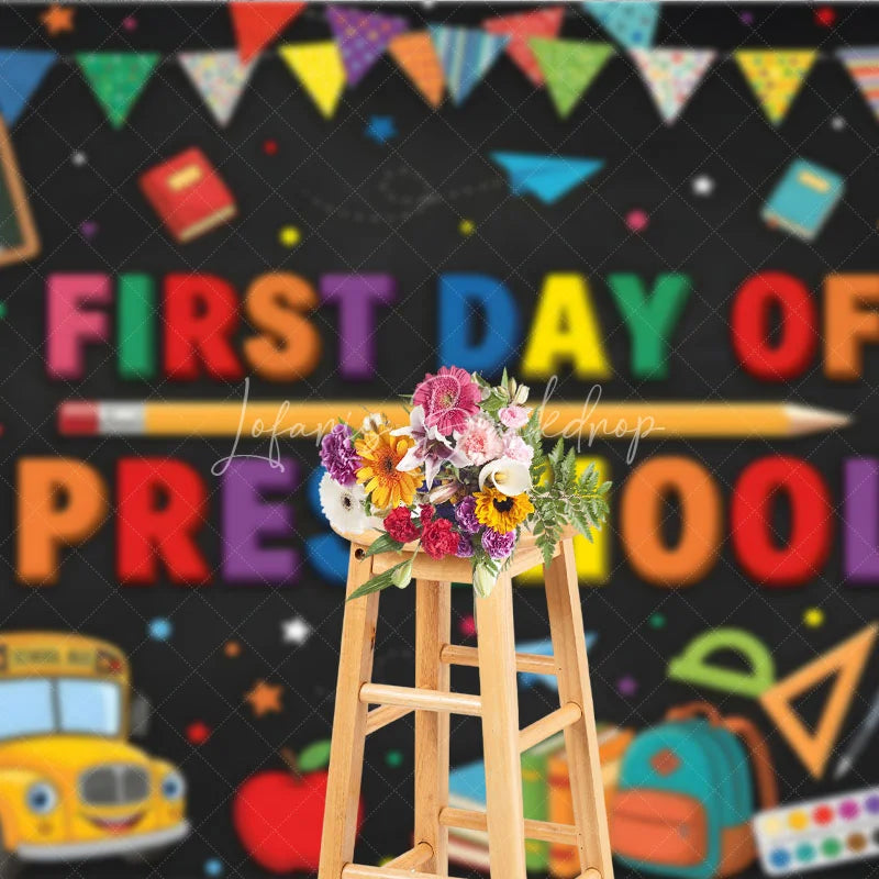 Lofaris Colorful First Day of Preschool Holiday Backdrop with School Bus and Books Welcome to Class Celebration