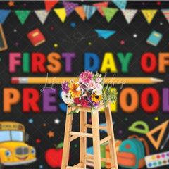 Lofaris Colorful First Day of Preschool Holiday Backdrop with School Bus and Books Welcome to Class Celebration