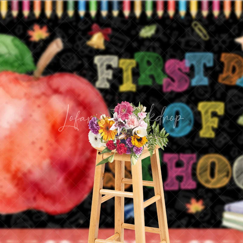 Lofaris Colorful First Day of School Holiday Backdrop featuring a Red Apple and Supplies Chalkboard Design