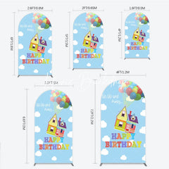 Lofaris Colorful Floating House and Balloons Happy Birthday Round Top Arch Backdrop Whimsical Party Decor.
