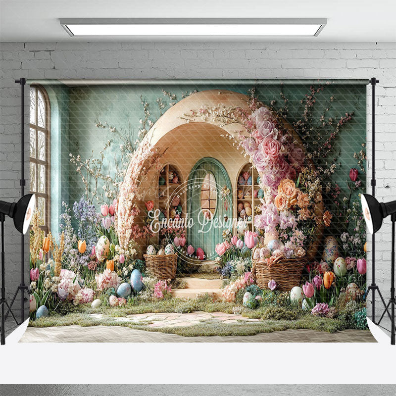 Lofaris Colorful Floral Eggs Arch Hutch Easter Backdrop