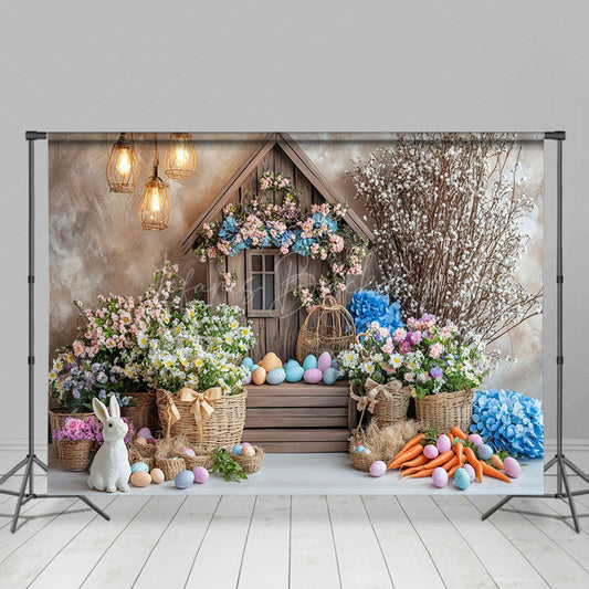 Lofaris Colorful Floral Eggs Wood House Bunny Easter Backdrop