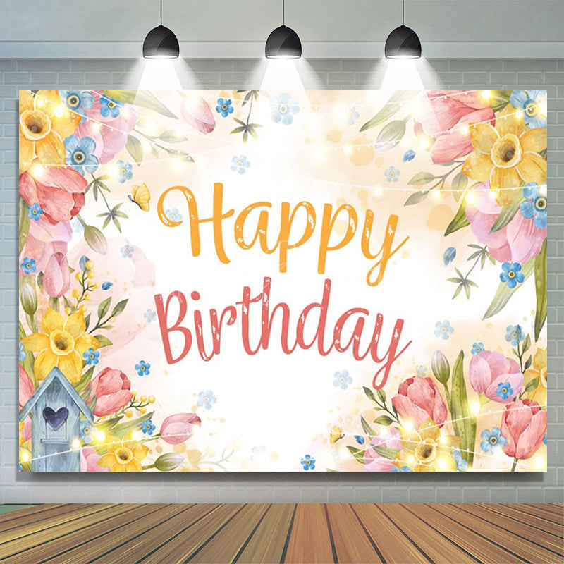 Lofaris Colorful Floral Light Strip Happy Birthday Backdrop