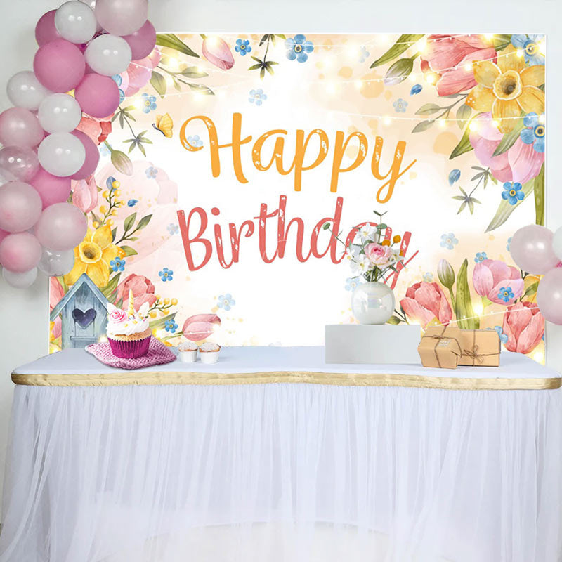 Lofaris Colorful Floral Light Strip Happy Birthday Backdrop