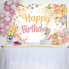 Lofaris Colorful Floral Light Strip Happy Birthday Backdrop