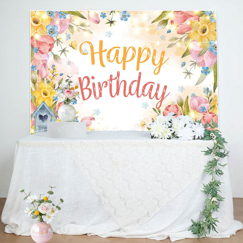 Lofaris Colorful Floral Light Strip Happy Birthday Backdrop